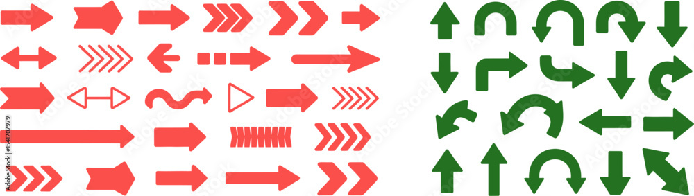Fototapeta premium Arrow vector set collection red and green arrows direction signs navigation pointers different shapes 100px editable stock vector illustration
