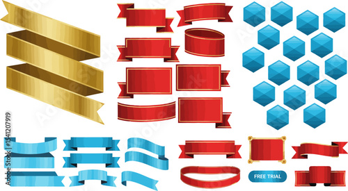 Download vector ribbons banners set golden red and blue design elements for graphic projects usage editable stock vector illustration