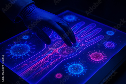 AI generated image of a gloved hand interacting with a glowing holographic display of human anatomy highlighting blood vessels and virus structures in a futuristic medical environment