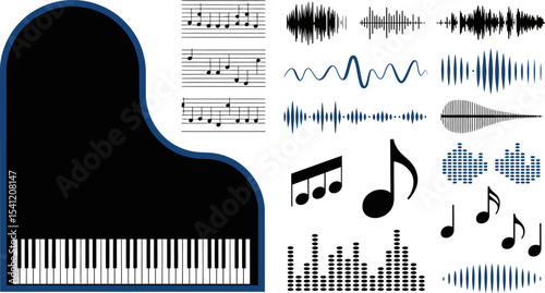 Piano music notes sound waves audio visualizer musical instrument grand piano keyboard melody harmony editable stock vector illustration