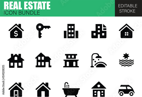 Real Estate Developer Icon Bundle – Flat Vector Icons for Property Construction, Sales, and Leasing Projects