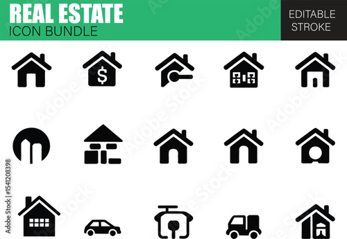 Real Estate Agency Icon Set – Flat Vector Graphics for Brokers, Listings, Client Services, and Market Tools