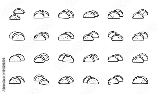 A simple black and white vector set of illustrated tacos arranged on a white background suitable for food related design