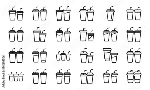 A comprehensive set of outline icons featuring various iced beverages and cold drink containers with straw elements
