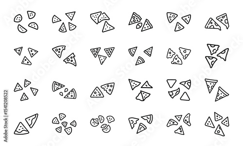 A minimalist black and white illustration of a set of pizza slice and nacho designs