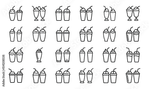 Outline set of milkshake or smoothie beverages with straws isolated on white