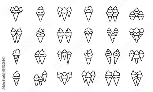A collection of vector outline illustrations featuring a set of various ice cream cone designs suitable for desserts and sweet treat-related concepts.