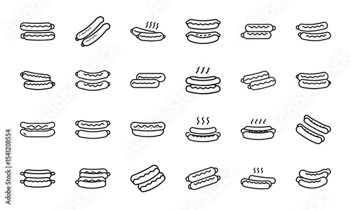 Collection of line art hot dog icons representing various styles and arrangements in a vector set