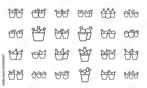 Vector set of fried chicken buckets icon collection in minimalist outline style