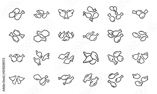 Illustrated set of chicken cuts with drumsticks wings and thighs outlined in black and white