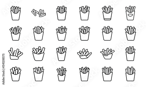 A detailed black and white line art set of twenty different french fries icons with various designs