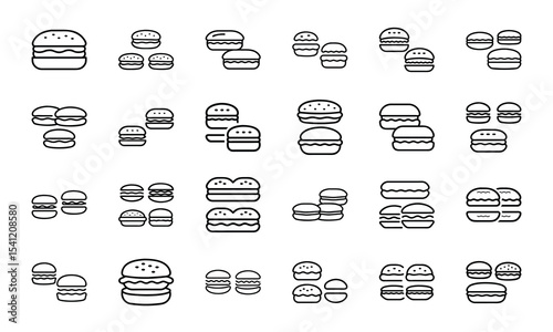 Minimalist black line art burger set representing different burger types and presentations for food and restaurant designs