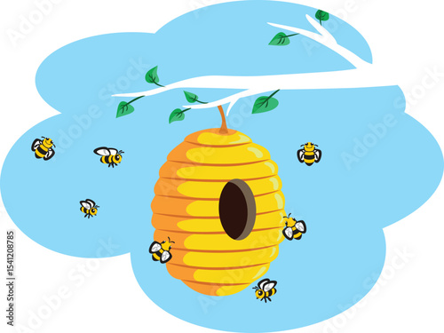 Beehive Surrounded by Bees Vector Cartoon Illustration. Several insects gathered together flying in a group 
