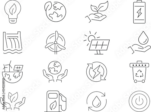 Green energy icon set. Collection of renewable energy, ecology and green electricity icons. Ecology concept. Contains such icons as CO2 neutral, solar, geothermal and wind energy and more.
