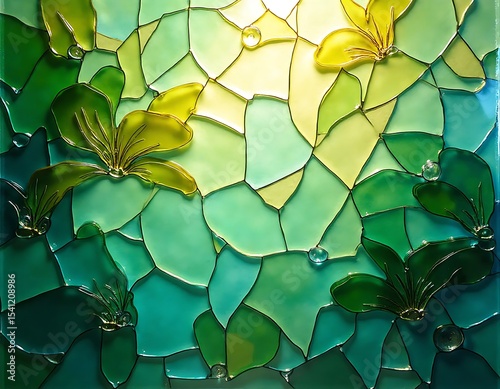 Abstract green and yellow floral stained glass art