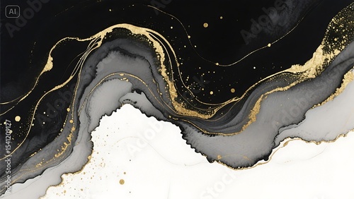 Abstract black gold and white ink marble texture