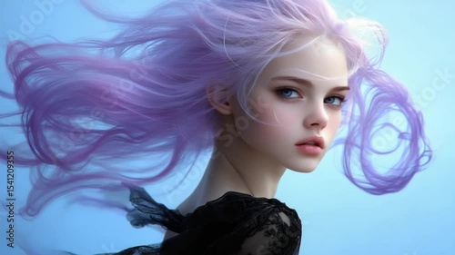 Ethereal portrait of a young woman with flowing lavender hair against a soft blue background