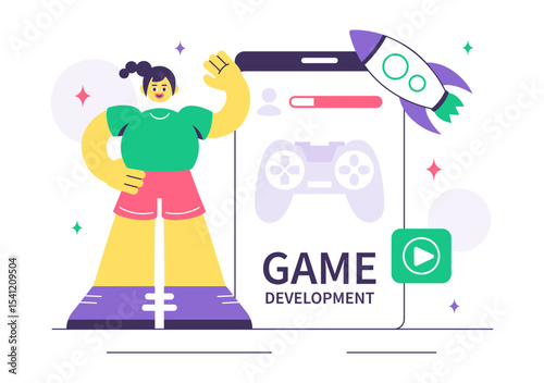 Game Development Vector Illustration Featuring Games, Digital Technology, Programming, and Coding for the Technical Aspects of Creating Video Games