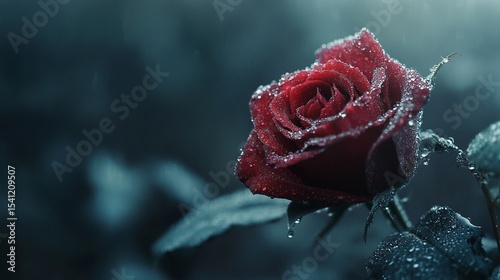 Close-up macro photo of a dewy red rose with soft natural lighting and blurred background elegant and timeless.