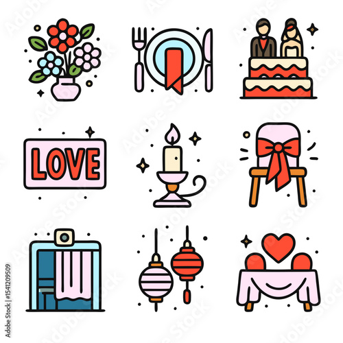 Vector icons illustrating wedding elements including cake, flowers, love signs, table settings, lanterns, and candles in a colorful, outlined style.
