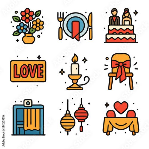 Colorful flat vector icons featuring wedding decor, love symbols, cake, table setup, flowers, and romantic celebration in hand-drawn style.
