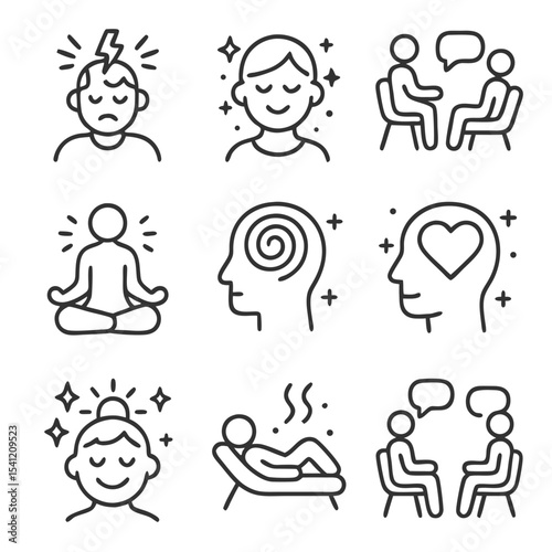 Line art icons depicting mental health concepts including stress relief, mindfulness, meditation, therapy sessions, psychological wellness, and emotional balance symbols