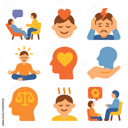 Flat vector icons representing mental health, therapy, emotional wellbeing, meditation, balance, and mindfulness in colorful, minimal style.
