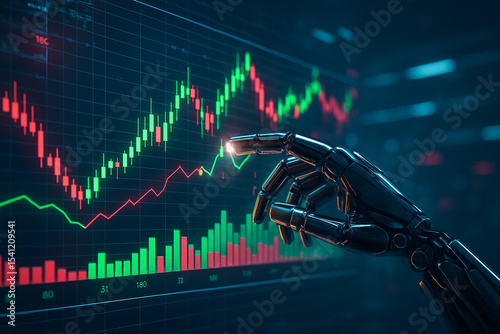 AI generated image of a robotic hand interacting with a glowing holographic interface displaying financial charts and market analytics in a futuristic data-driven environment