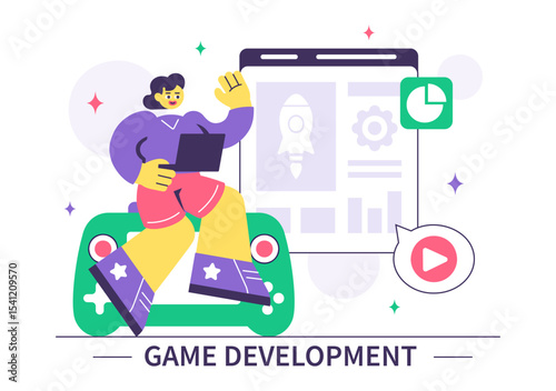 Game Development Vector Illustration Featuring Games, Digital Technology, Programming, and Coding for the Technical Aspects of Creating Video Games