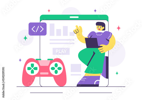 Game Development Vector Illustration Featuring Games, Digital Technology, Programming, and Coding for the Technical Aspects of Creating Video Games