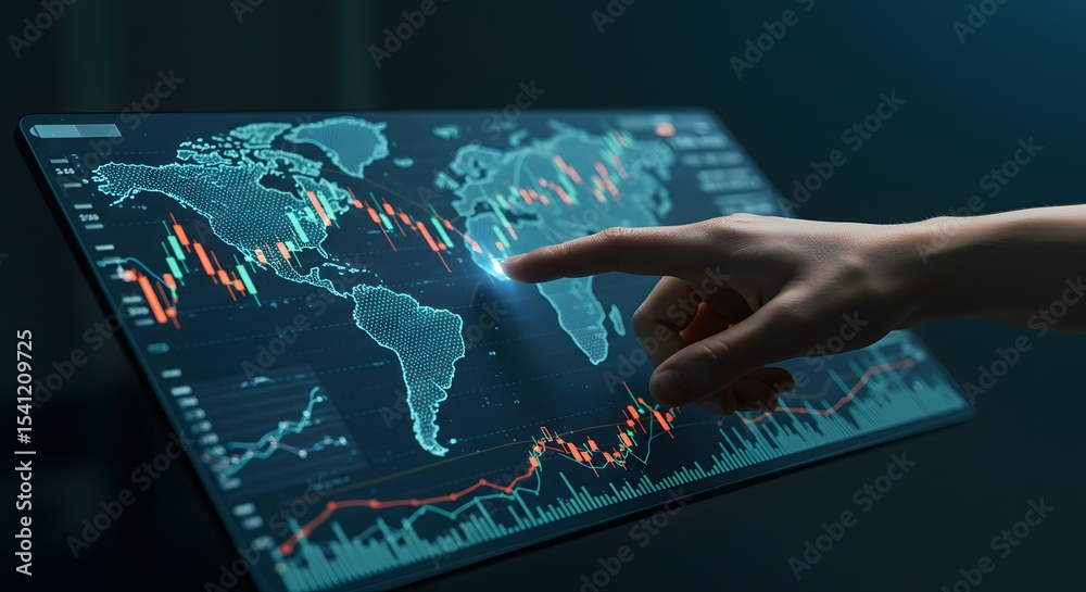 Fototapeta premium A hand interacting with a digital stock chart in a high-tech global financial setting