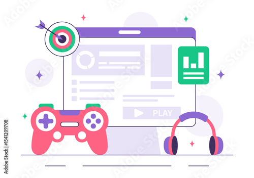 Game Development Vector Illustration Featuring Games, Digital Technology, Programming, and Coding for the Technical Aspects of Creating Video Games