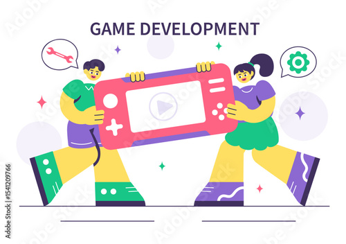 Game Development Vector Illustration Featuring Games, Digital Technology, Programming, and Coding for the Technical Aspects of Creating Video Games