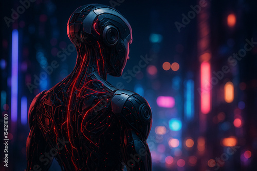 AI generated sci fi image of a humanoid android viewed from behind with glowing red circuits and exposed mechanical details set against a futuristic neon cyberpunk city at night