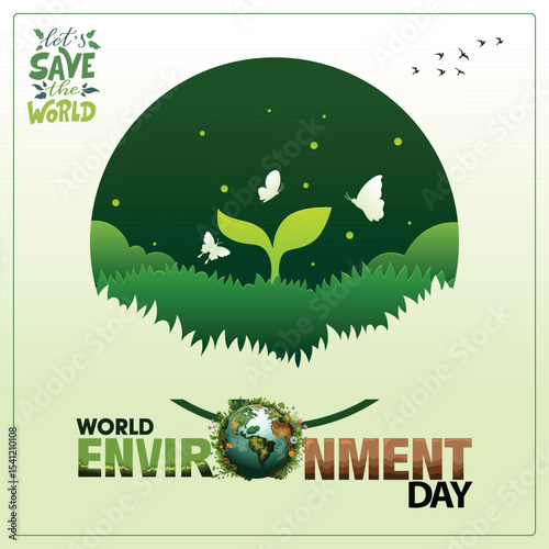 World Environment Day Poster Design with Green Earth, Leaves, and Butterflies – EPS Vector
