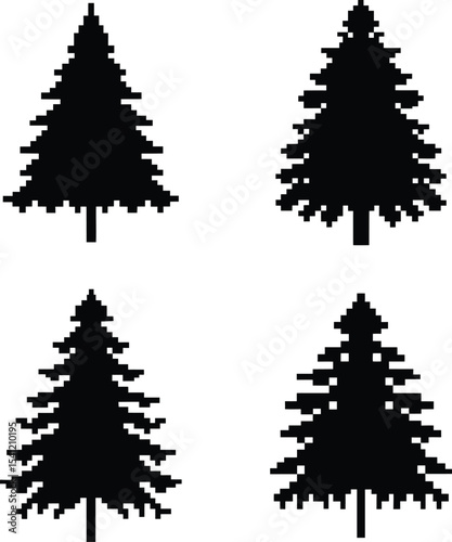Pixel-style pine tree vector set - 4 evergreen silhouettes, EPS JPEG PNG
