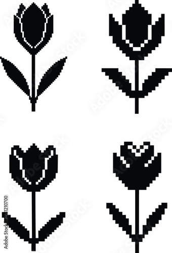 Pixel-style tulip vector set - 4 floral 8-bit silhouettes, EPS JPEG PNG