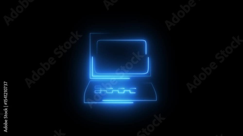 Laptop and desktop computer monitor screen and blue color icon animation. Monitor and keyboard, tech illustration, user interface concept, digital device on black background.