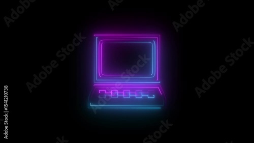 Laptop and desktop computer monitor screen and beautiful color icon animation. Monitor and keyboard, tech illustration, user interface concept, digital device on black background.