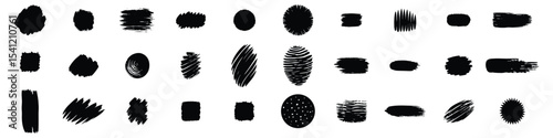 Set of abstract black brush shapes on white background.