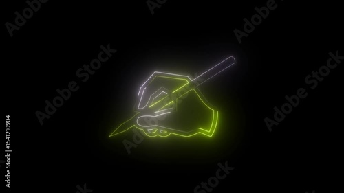 Glowing neon hand with pen writing animated dark background. Neon right hand writing pen icon and silver or yellow color animation in black background.

