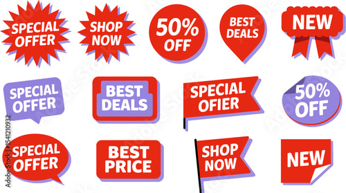 Sale banner vector set special offer best price deals discount shop now new promotion marketing labels 100 editable stock vector illustration