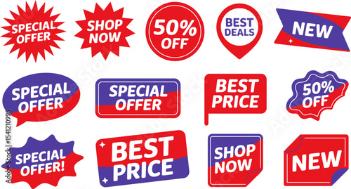 Find the best deals and special offers shop now with our fifty percent off new price stickers set editable stock vector illustration