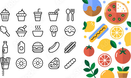 Vector food icons set collection of fast food and healthy food elements for design and decoration editable stock vector illustration
