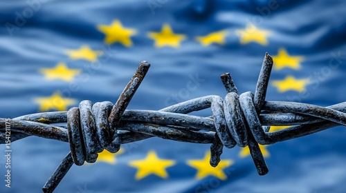 EU flag, barbed wire, sanction symbol.