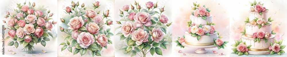 Fototapeta premium Watercolor Painting effect illustration pink rose bouquet cake decoration