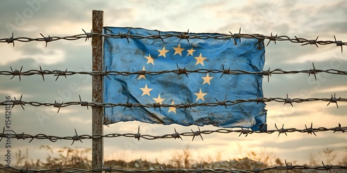Barbed wire, EU flag, trade limits.