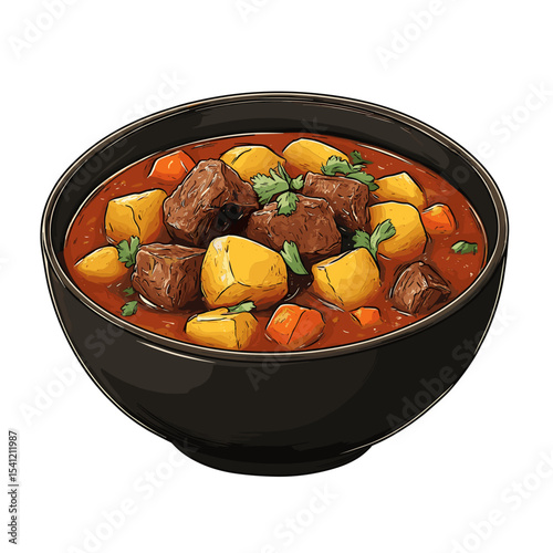 Vector Illustration of a Bowl Filled with Beef Stew Featuring Beef Potatoes and Carrots on Orange Background