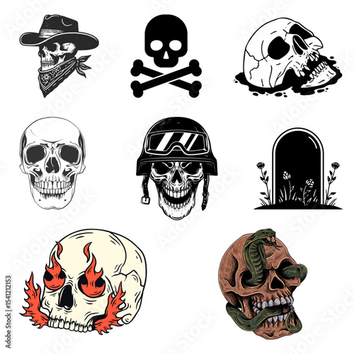 Collection of Diverse Illustrative Skulls and Macabre Designs for Vintage Western and Biker Aesthetics