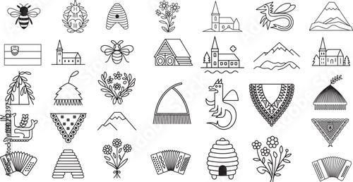 Rich Slovenian Culture and Natural Elements Outline Line Art Icons Set